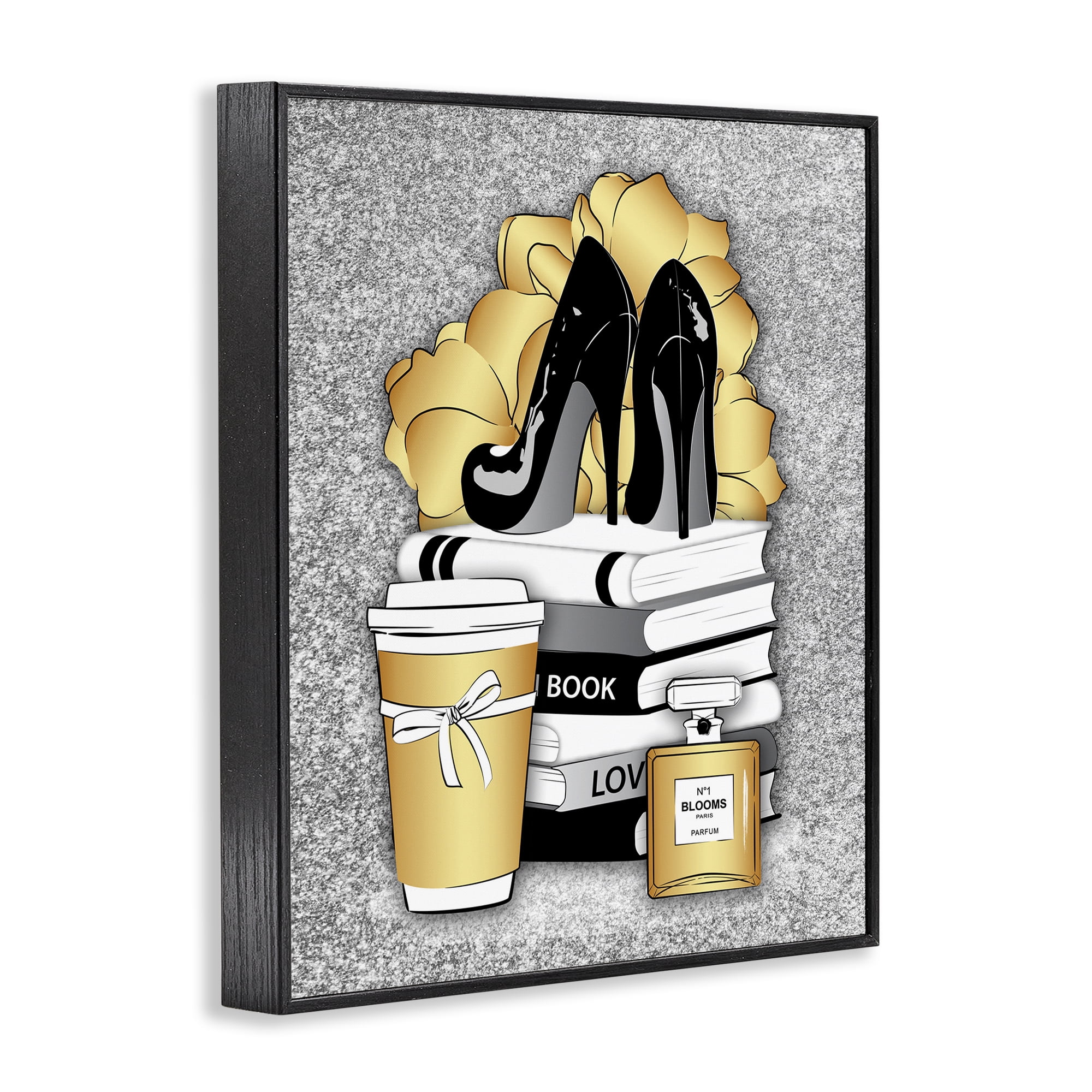 Stupell Industries Gold & Black Glam Books Beauty & Fashion Painting Black Framed Art Print Wall Art, 11 x 14