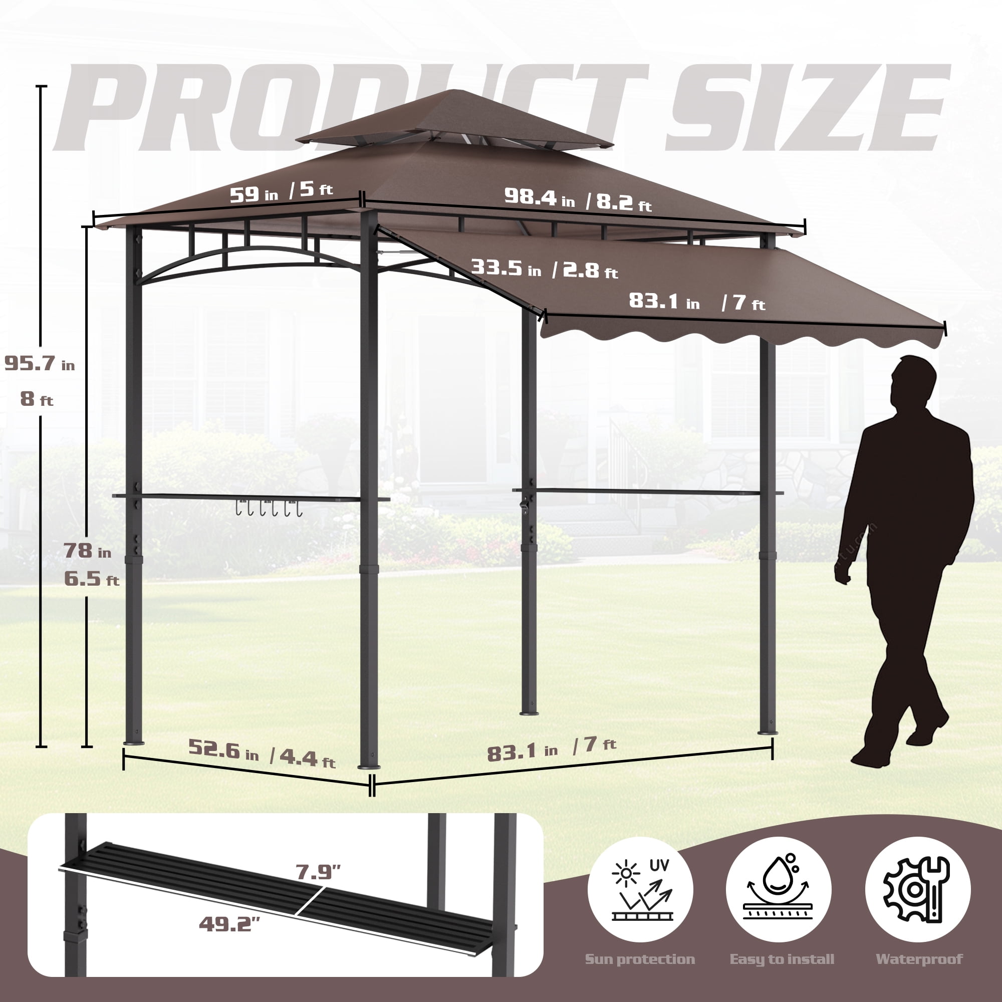 Magic Union 8'X8' Grill Gazebo Canopy - Heavy Duty Steel Frame, Double Tiered Grill Canopy for Outdoor Grill W/Shelves, Ceiling Hooks and Ground Stakes, Patio Canopy Tent BBQ Gazebo for Backyard