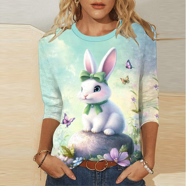 TaTaai Women Casual Spring T-Shirt Easter Print Crew Neck 3/4 Sleeve Loose Fit Pullover Top Ladies Daily Outdoor Holiday Wear Breathable No Fading Comfortable Fashion Top Gift