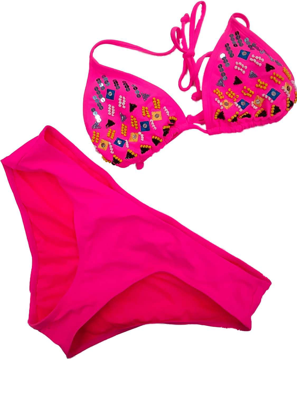 Womens Neon Hot Pink Beaded Tribal Print 2 Piece Swimming Suit Bikini ...