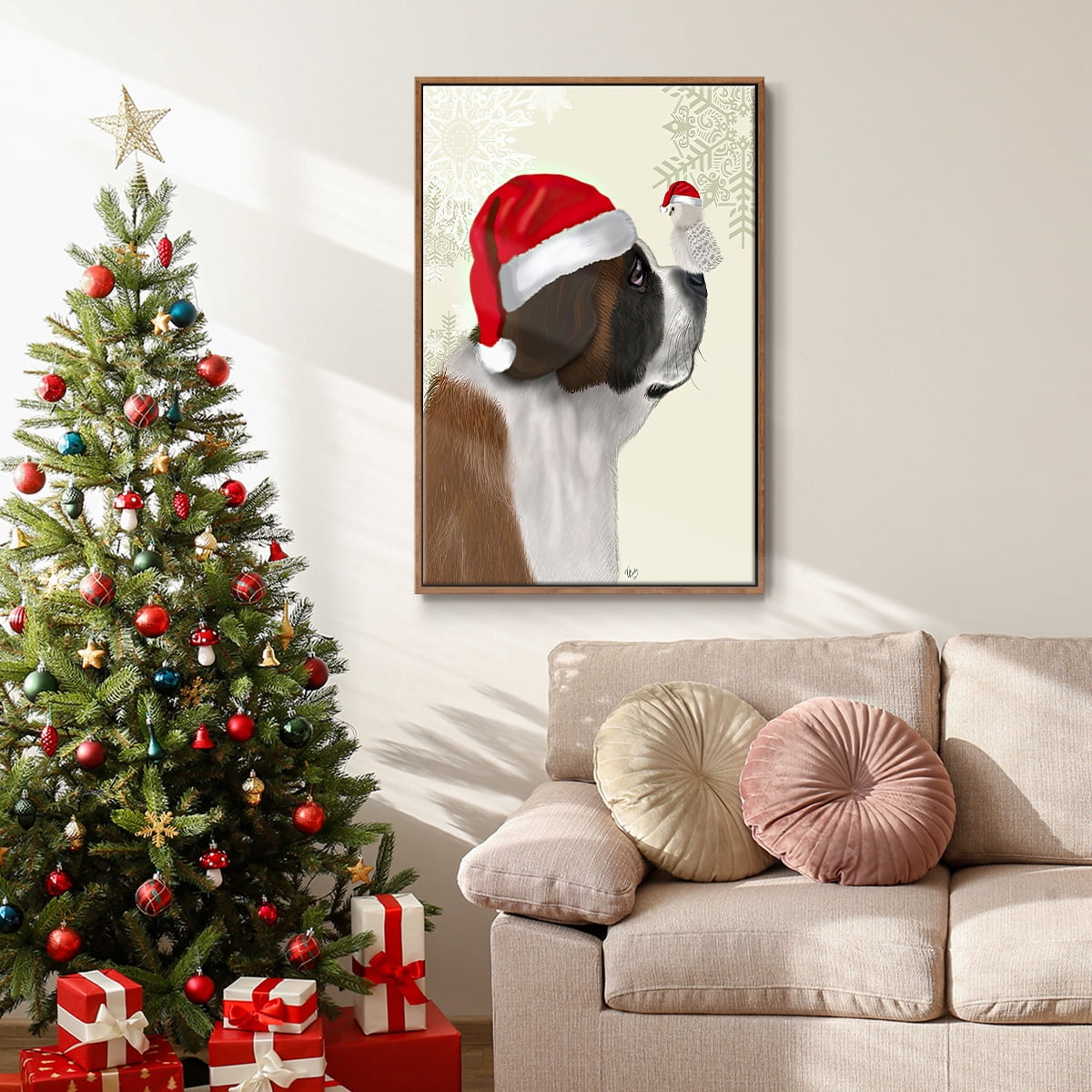 Christmas St Bernard and Fluffy Owl - Framed Gallery Wrapped Holiday Canvas - 25 x 37 - Rosewood Frame