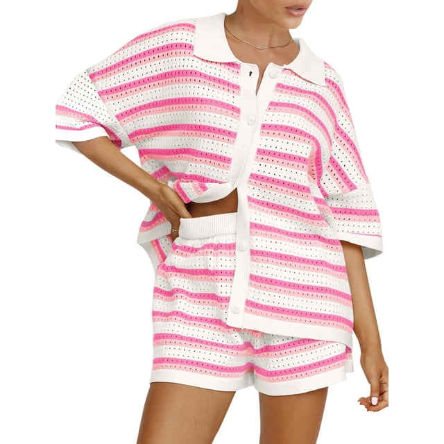 FOCUSNORM Women Pajamas Set 2 Pieces Loungewear Suits Stripe Contrast Color Button Crochet Knit Tops and Shorts Lounge Sets