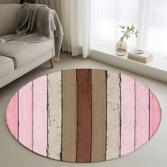 Pink Wood Grain Round Rug 3ft Washable Circle Entryway Rugs Non Slip Brown Vintage Mottled Country Stripes Area Rug Indoor Floor Carpet for Bedroom Kitchen Living Room Home Office Dining Room Nursery