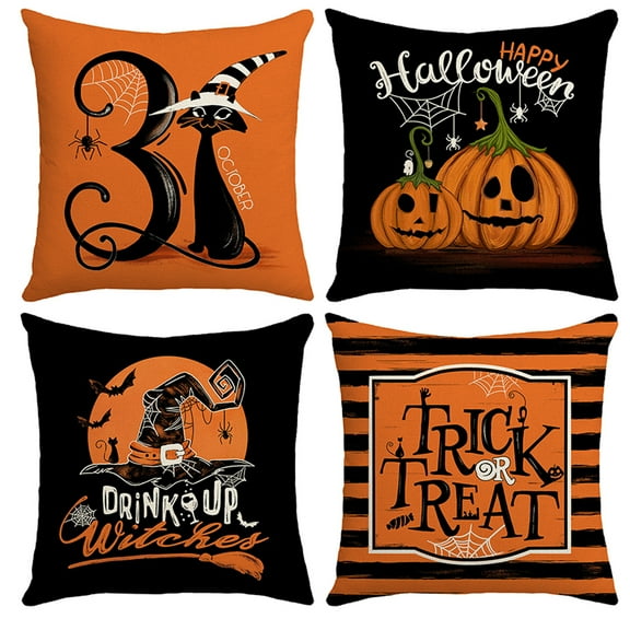 Behome 4 Pieces Halloween Pillow Case, 18 x 18 inch Orange and Black Pillow Cover, Happy Halloween Linen Decorative Cushion Covers for Home Halloween Decoration