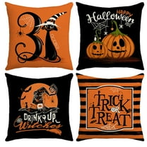 Behome 4 Pieces Halloween Pillow Case, 18 x 18 inch Orange and Black Pillow Cover, Happy Halloween Linen Decorative Cushion Covers for Home Halloween Decoration