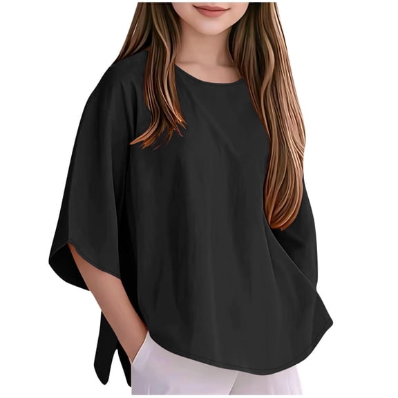 Abcomgle Girls 3/4 Sleeve Tops 7-16 Side Slit Loose Fit T-Shirts for Kids Girls Trendy Basic Top for Girls Loose Curve Hem Girls Tunic Tops,Gray,7-8Years