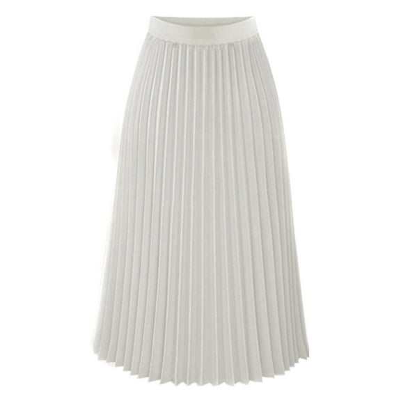 TWGONE Womens Solid Pleated Elegant Midi Elastic Waist Maxi Skirt, White, L