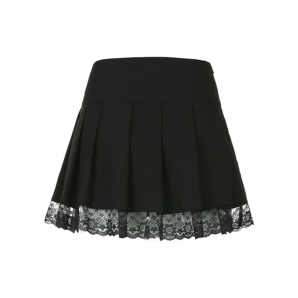 Wangsaura Women Lace Patchwork Mini Pleated Skirts High Waist Wangsaura Women Lace Patchwork Mini Pleated Skirts High Waist