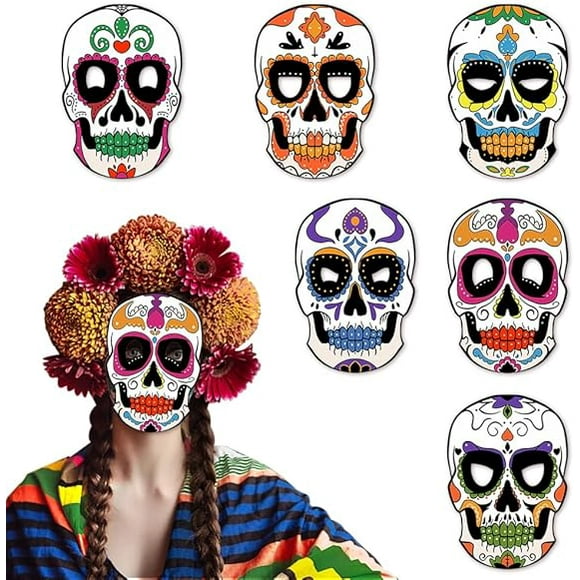 6pcs Day of the Dead Masks Paper Candy Skull Masks Full Face Masks with Elastic String Halloween Party Supplies B