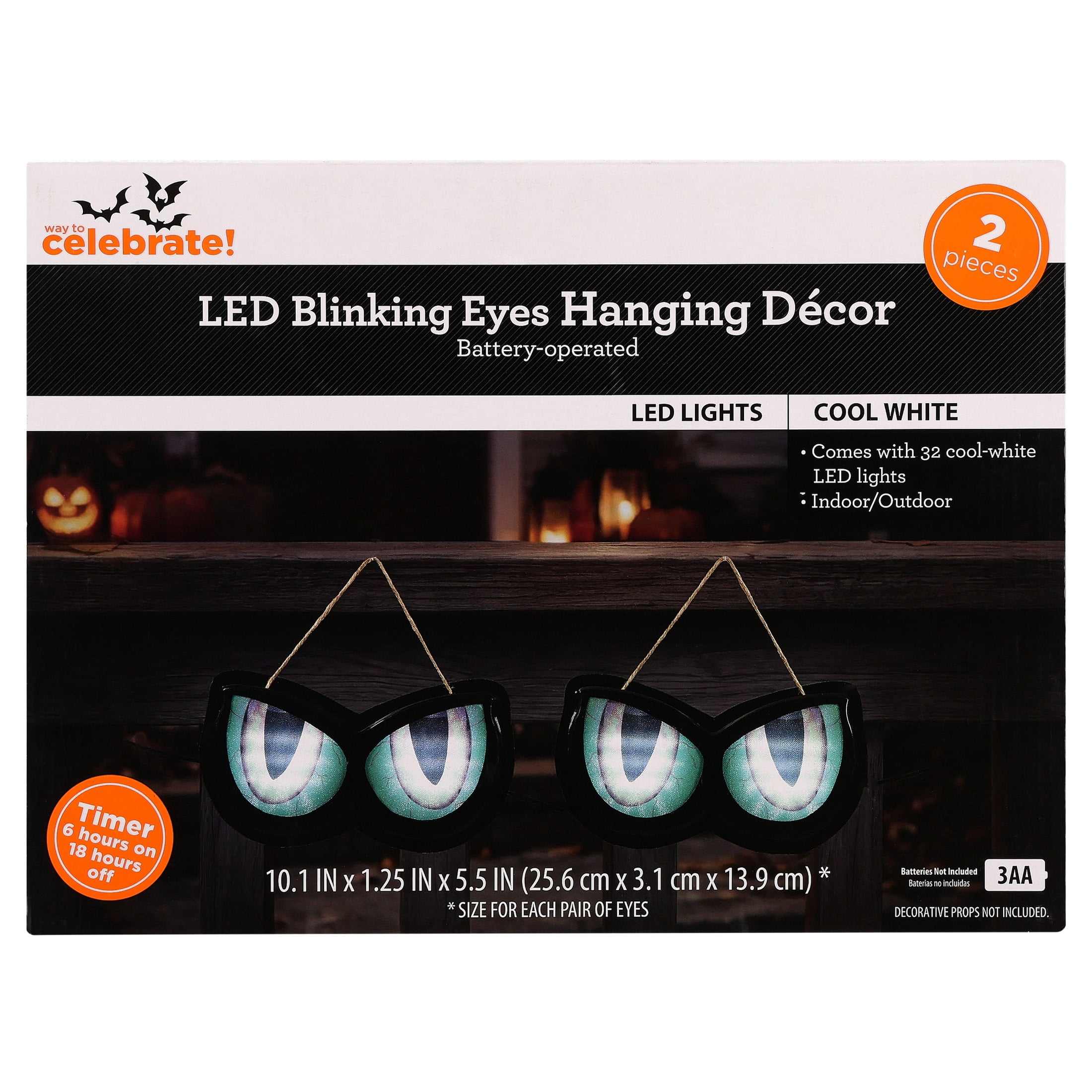 Indoor/Outdoor Battery-Operated LED Blinking Eyes Hanging Decor, Cool White, 2 Count, Halloween by Way To Celebrate