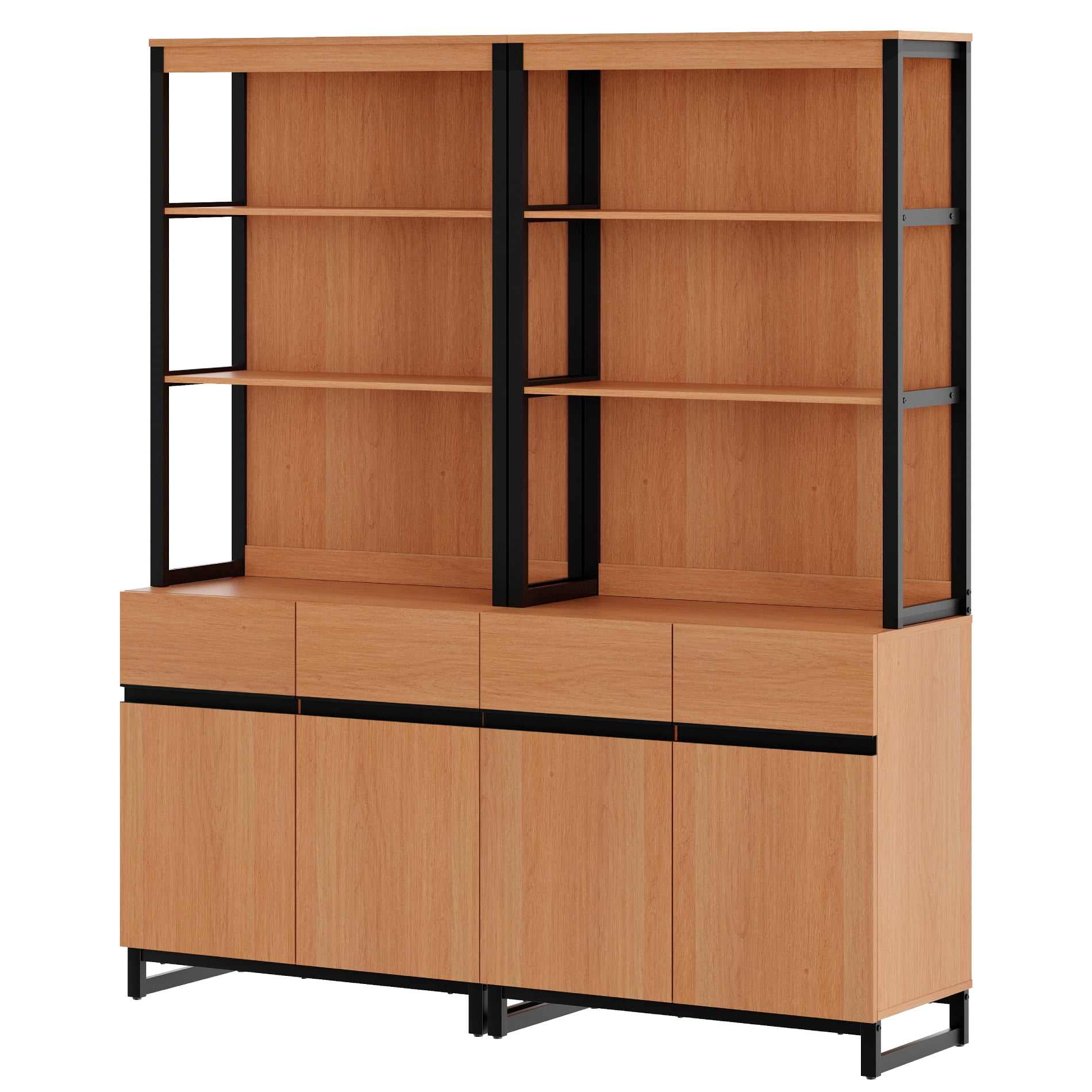 WAMPAT 2-Piece Modern 72" Tall Library Bookcases with Metal Base & Adjustable Shelves, Wood Bookshelves with Storage Cabinet & Open Shelves for Home Office & Living Room, Mocha
