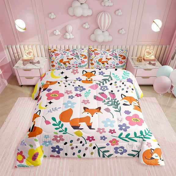 Floral Fox Comforter Twin Size,Pink Fox Comforter Set Teens , Bedding Set Printed Comforter with 1 Pillowcase,Down Alternative,(Pinkwin Size)