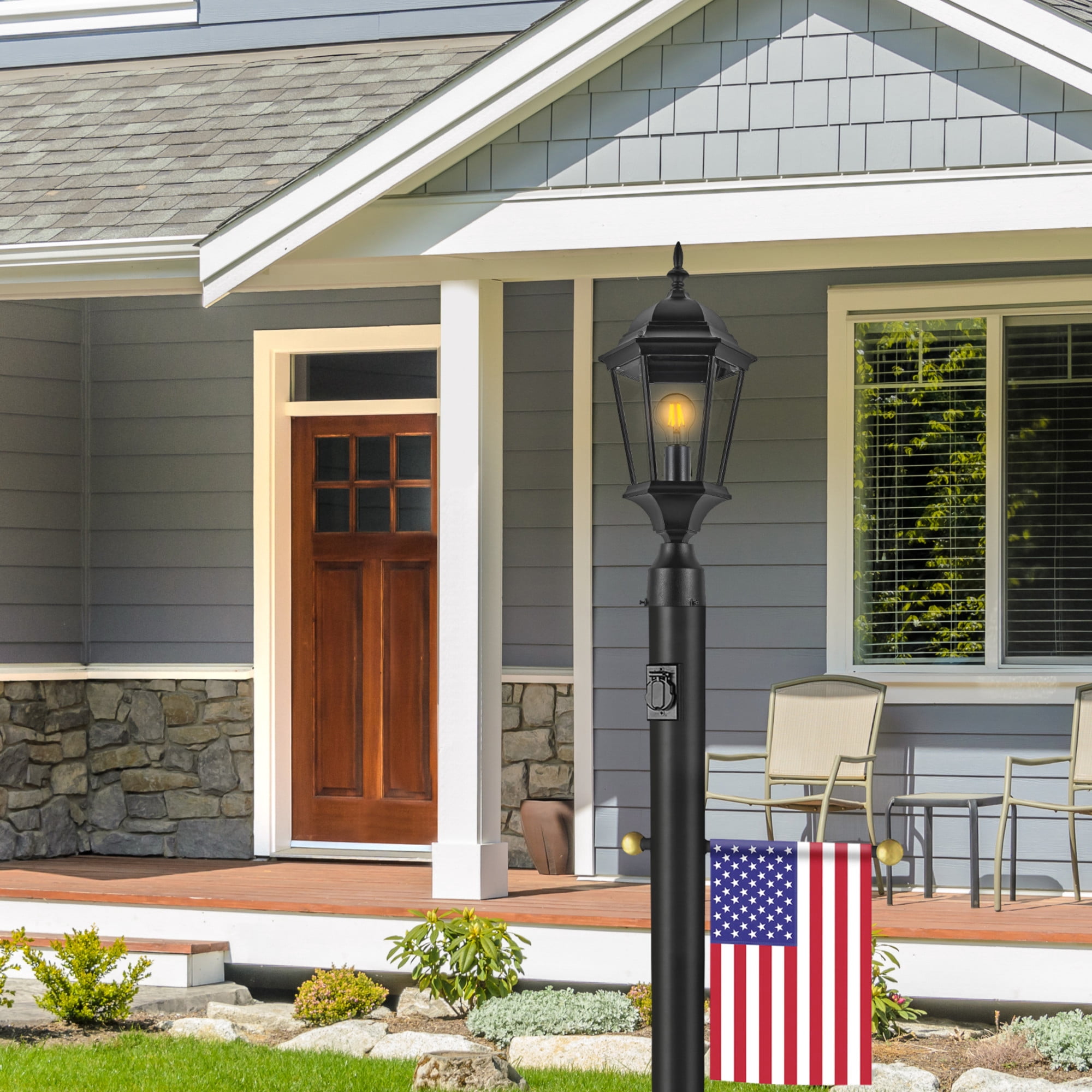 Black Traditional Outdoor Lamp Post with Cross Arm and Outlet, Weather-Resistant, 80 In. x 3 In., Direct Burial