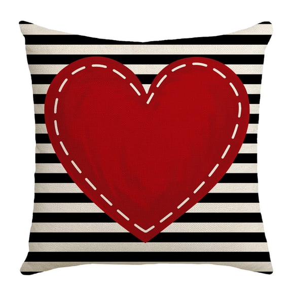 Valentine's Day Pillow Cover, Linen Pillowcase With Stripes Red Love Heart, Decorative Outdoor Cushion Case for Sofa Couch, Anniversary Decor A