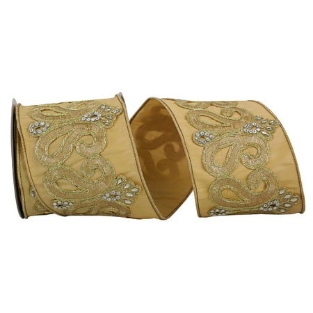 Reliant Ribbon - 93441W-035-10D  Dupioni Regal Trim Jewel Scroll Emb Ribbon  Gold  4 Inch  5 Yards