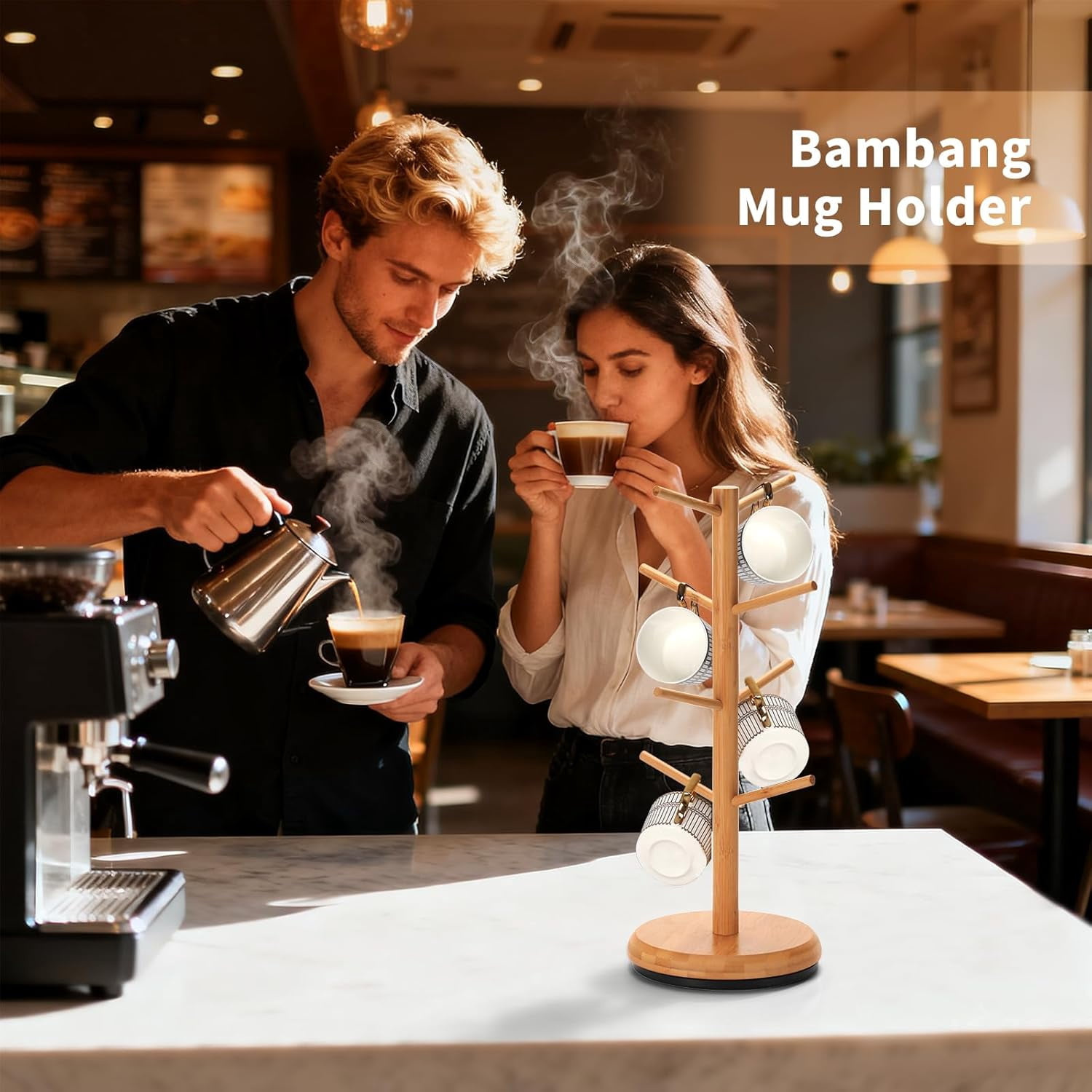 Bamboohomie Mug Holder for Counter Top, Mug Tree for Counter, Rotating Coffee Mug Tree Stand, Natural