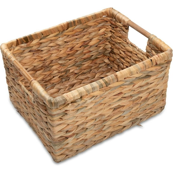 Large Rectangular Wicker Basket with Wooden Handles for Shelves and Storage - Natural Water Hyacinth Basket for Organizing, 14.5 x 10.3 x 7.5 inches