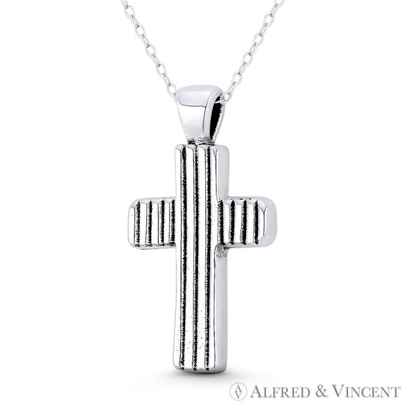 Engraved-Stripe-Design Rustic Christian Cross 31x19mm (1.2x0.7in) Pendant & Chain Necklace in Oxidized .925 Sterling Silver