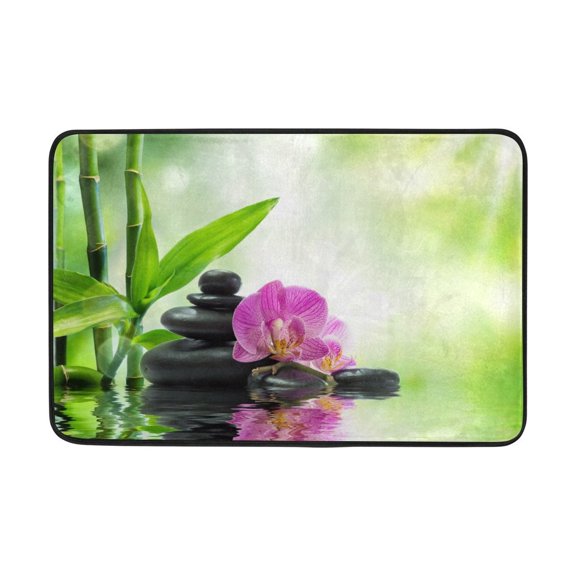 POPCreation Spa Purple Orchids Black Stones And Bamboo Wate Non-Slip Floor Mat Doormats for Living Room Bedroom 23.6x15.7 inches