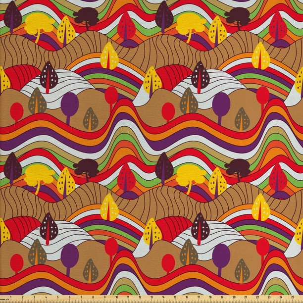 Landscape Fabric by The Yard, Colorful Meadow Mountains Hills and Trees Vintage Style Concept