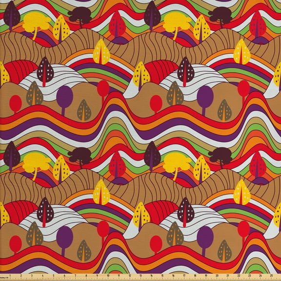 Landscape Fabric by the Yard, Colorful Meadow Mountains Hills Trees Vintage Style Concept, Decorative Upholstery Fabric for Chairs & Home Accents, 2 Yards, Pale Cinnamon Multicolor by Ambesonne