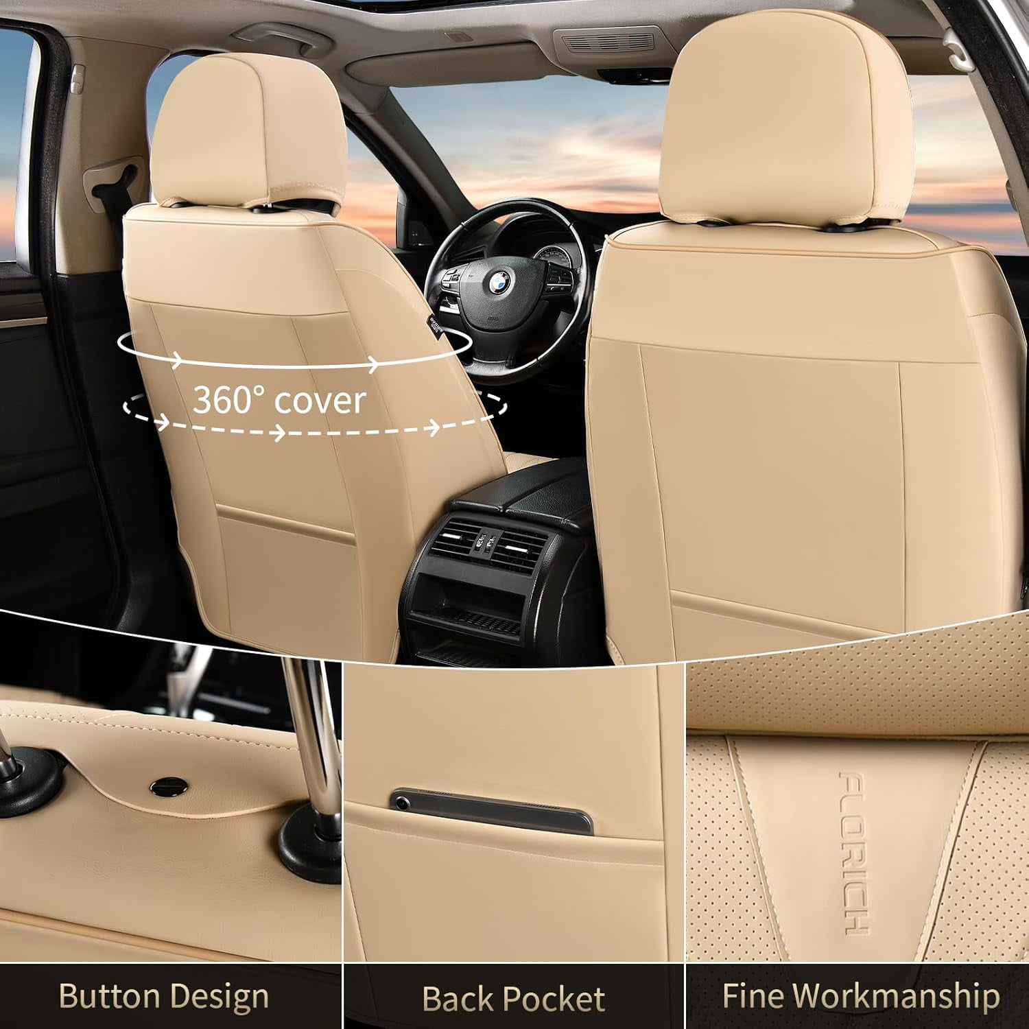 FLORICH Full Set Car Seat Covers, Premium Faux Leather Seat Protectors, Breathable Material Cushions Universal Fit for Most Cars, Beige