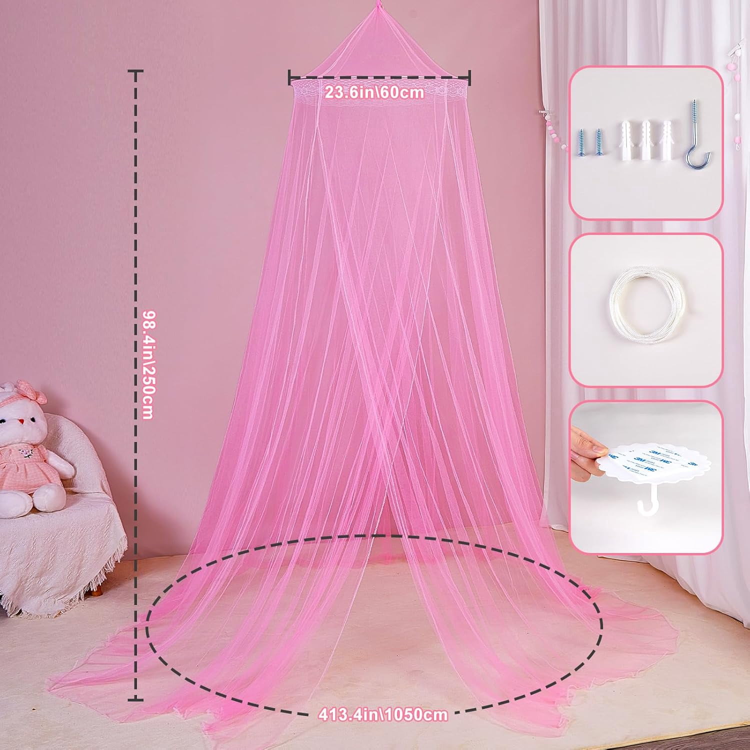 CAILDANL Bed Canopy for Girls Room Bed Canopy Curtains with Led Lights Mosquito Net DIY Princess Room Décor with Stars Butterflies for Kids Bedroom, Hot Pink