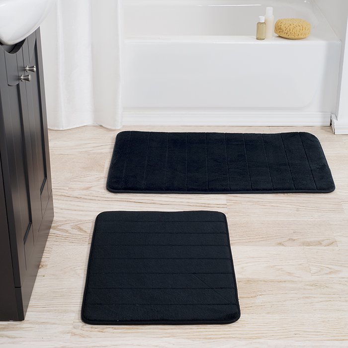 Lavish Home 6716BL 2 Piece Memory Foam Striped Bath Mat Set Black