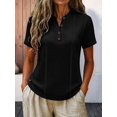 thumbnail image 5 of Henley Shirts for Women Contrast Stitching Short Sleeve Blouse Button Down Stand Collar Tunic Tops Black S, 5 of 6