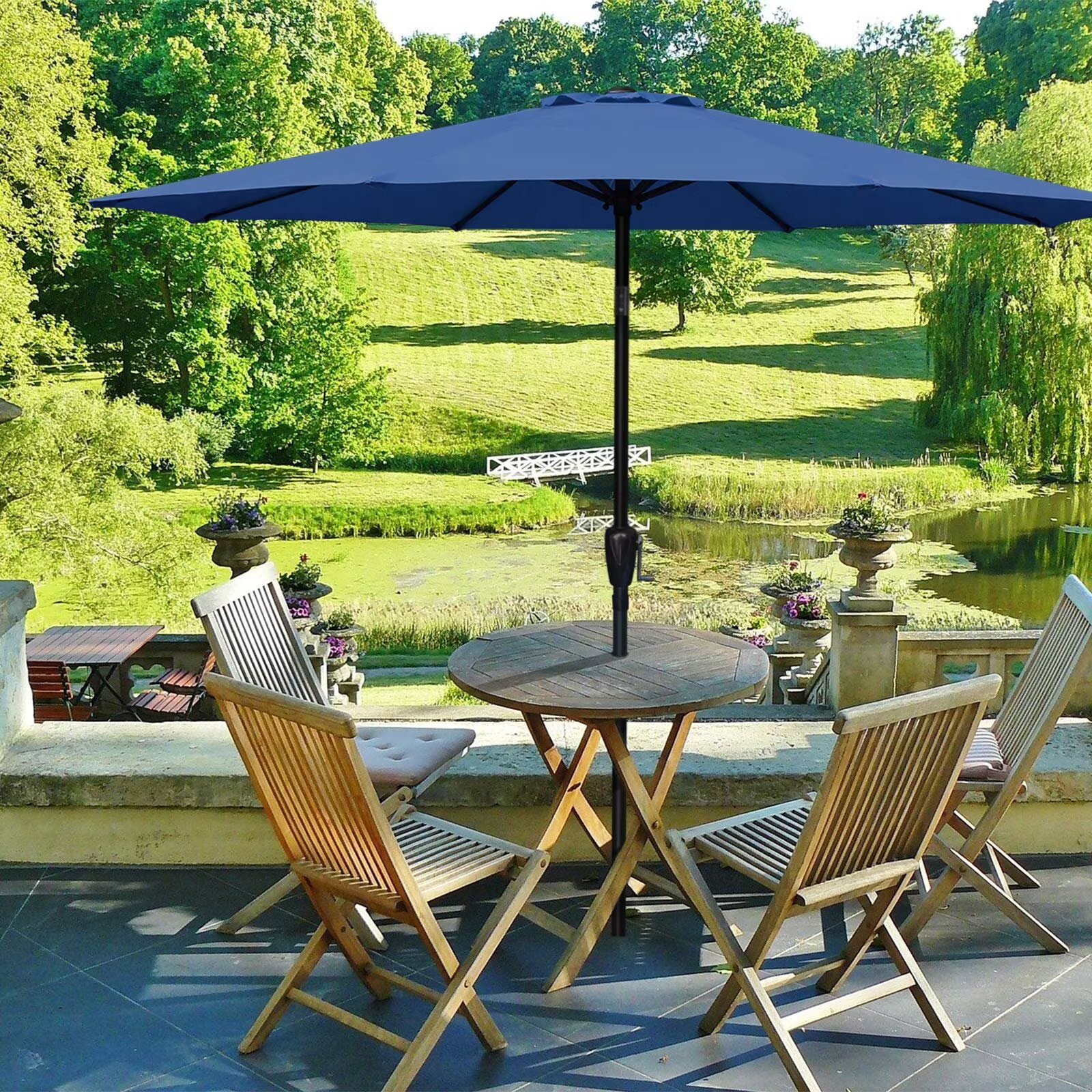Simple Deluxe 9ft Outdoor Market Table Patio Umbrella with Button Tilt and 8 Sturdy Ribs, Blue, 1 Pack