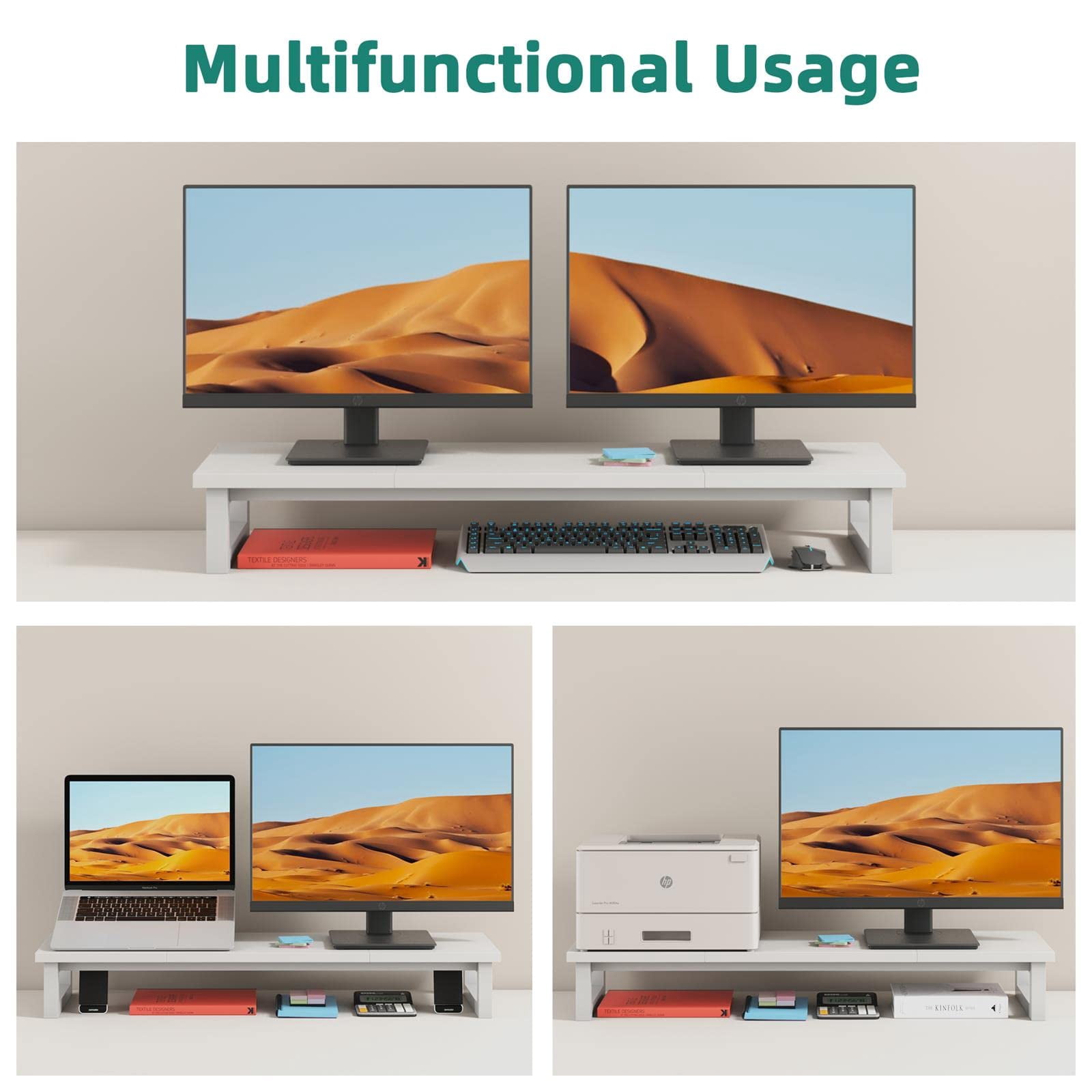 Dual Monitor Stand Riser, 39Inch Large Monitor Stands for 2 Monitors, Computer Monitor Stand, Wooden Desktop Oraganizer Shelf for Office Desk Computer,Laptop,TV