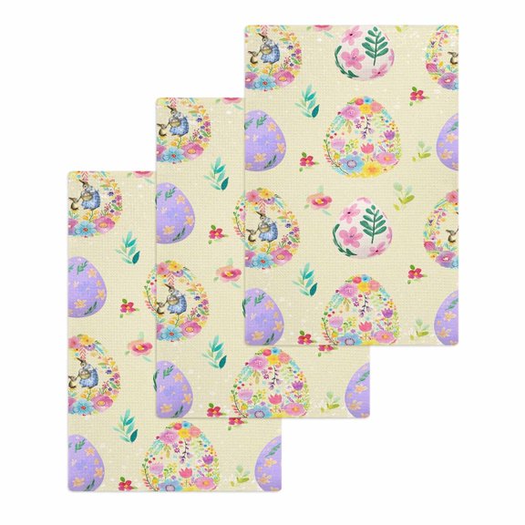 Easter Colorful Eggs Kitchen Dish Towels for Drying Dishes Set of 3, Spring Flowers Leaves Country Plants Yellow Waffle Weave Microfiber Hand Tea Bathroom Towels Quick Dry & Absorbent Towel 15.7x23.6