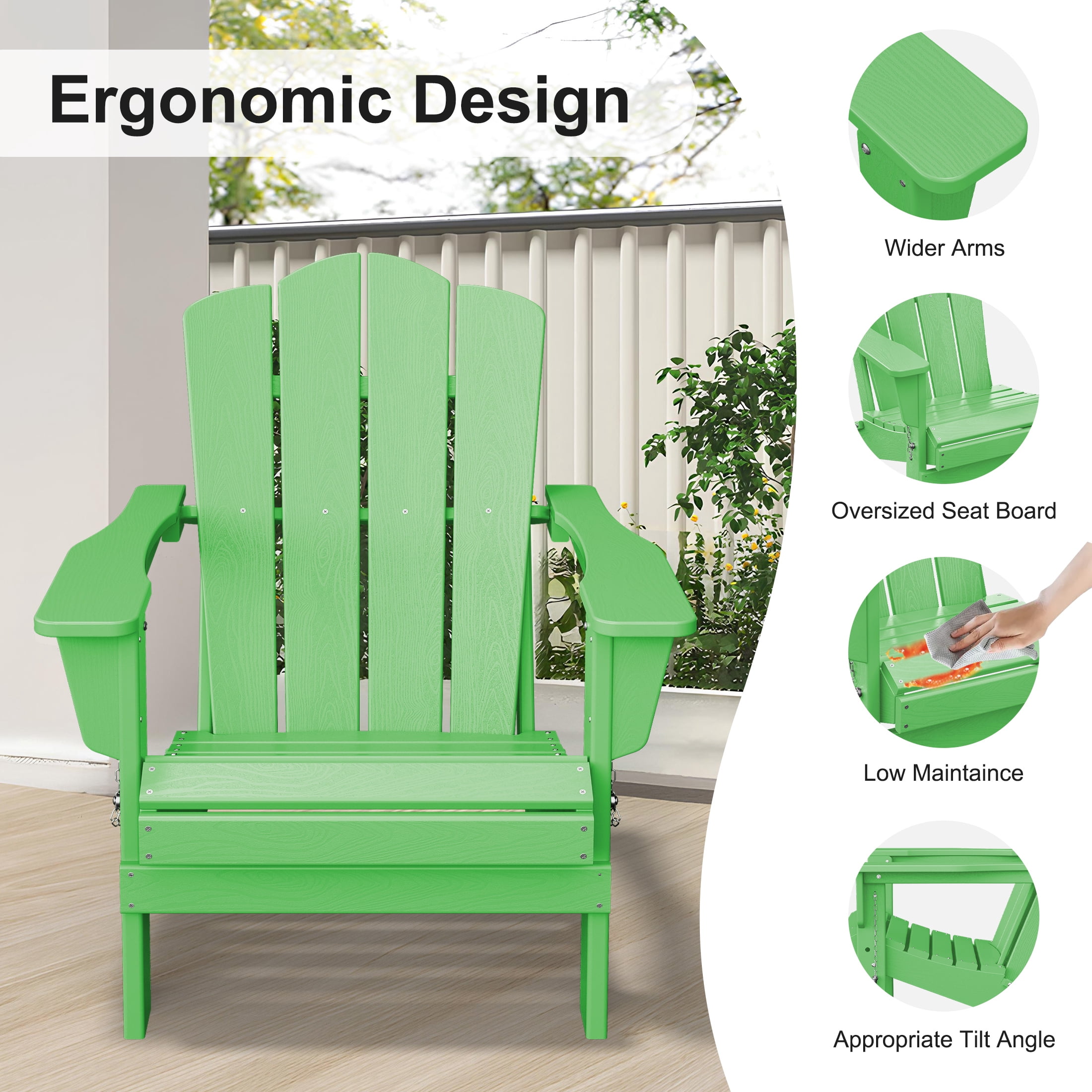 JUSTLET Adirondack Chair, Plastic Folding Outdoor Patio Chairs, Outside HDPE Chairs for Lawn, Yard, Light Green