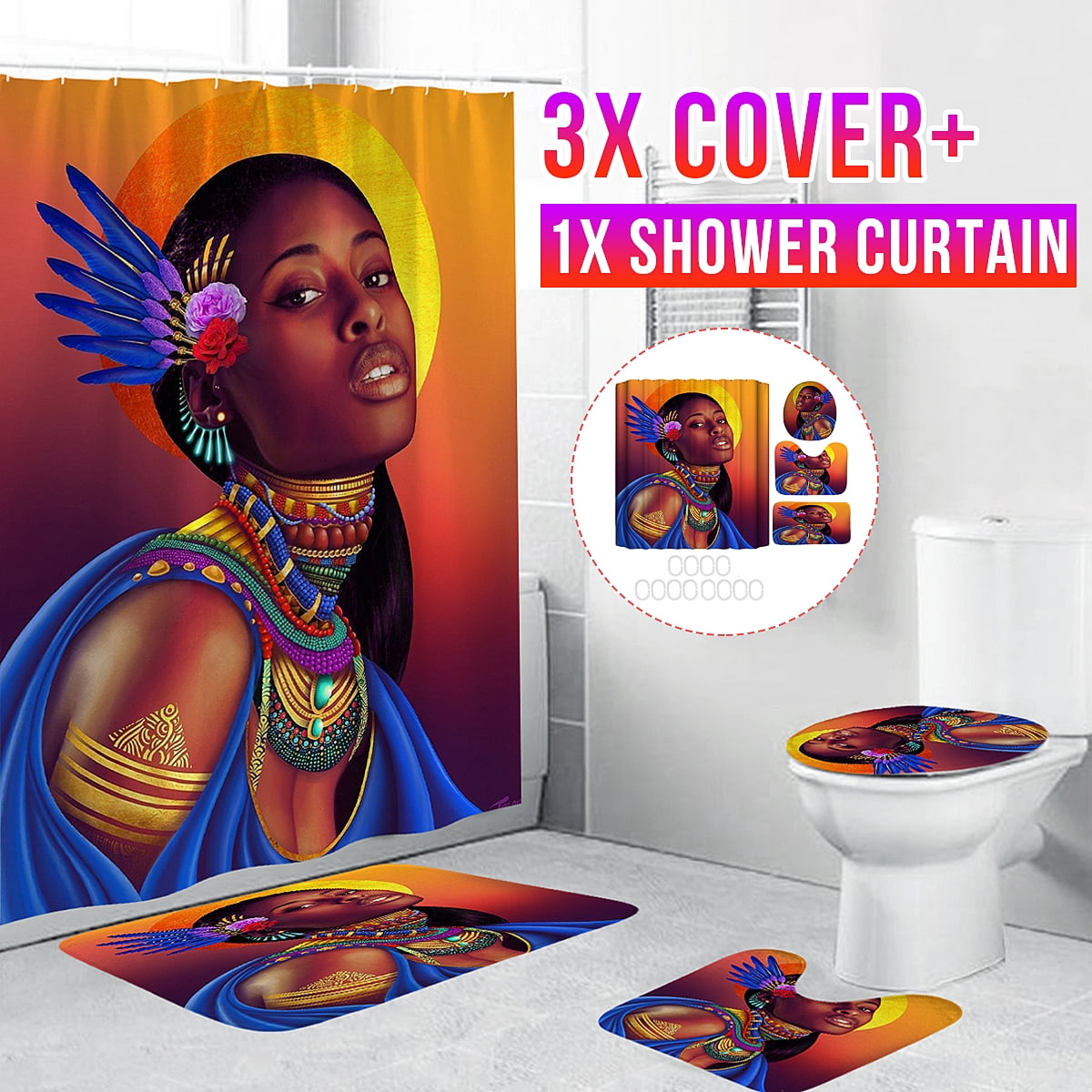 1/3/4pcs African American Lovers Couple Shower Curtain Set with Non