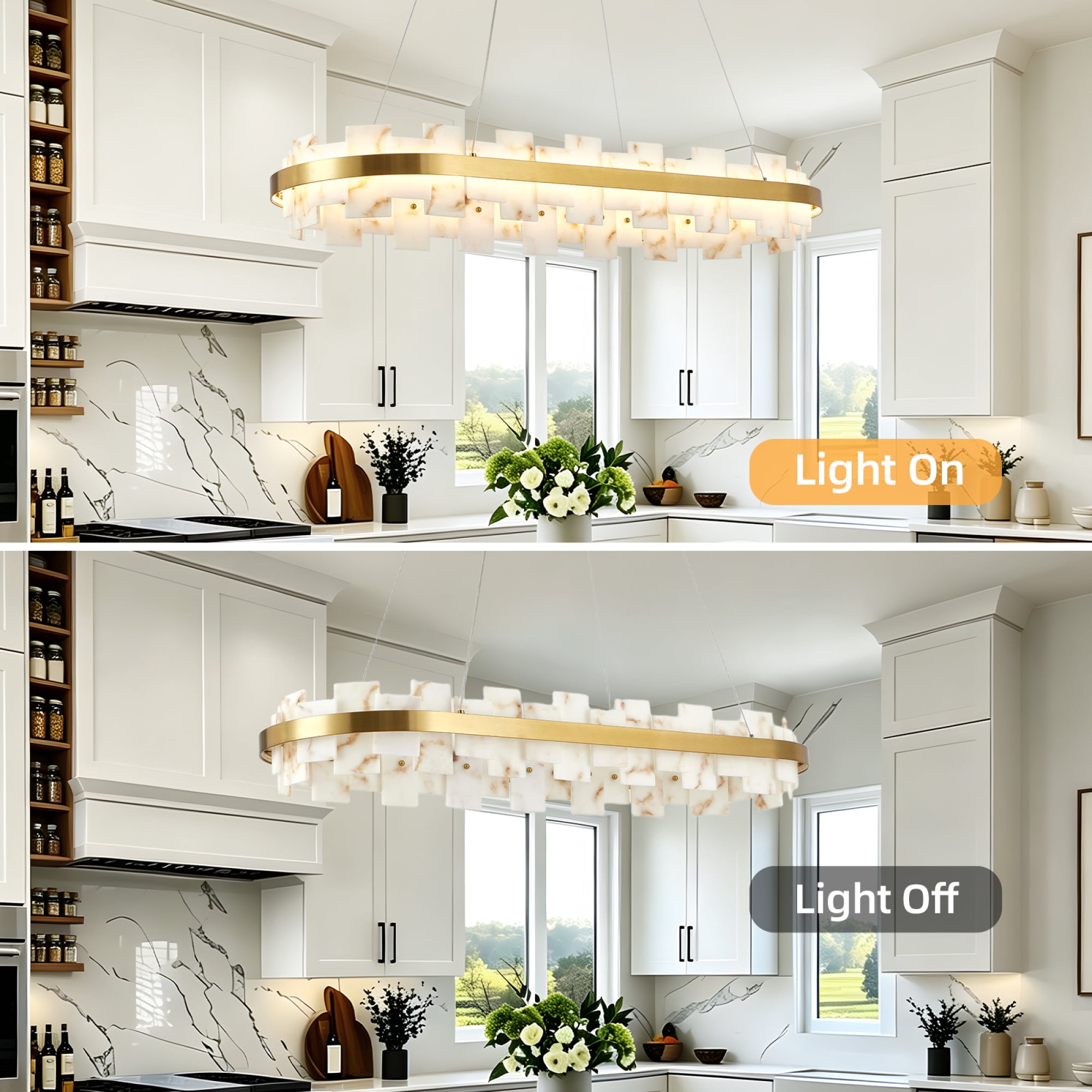 Leumius Alabaster Rectangle Chandelier, Natural Spanish Stone Texture Chandeliers, 46.8" Adjustable Alabaster Chandelier Over Table for Dining Room, Bedroom, Kitchen Island