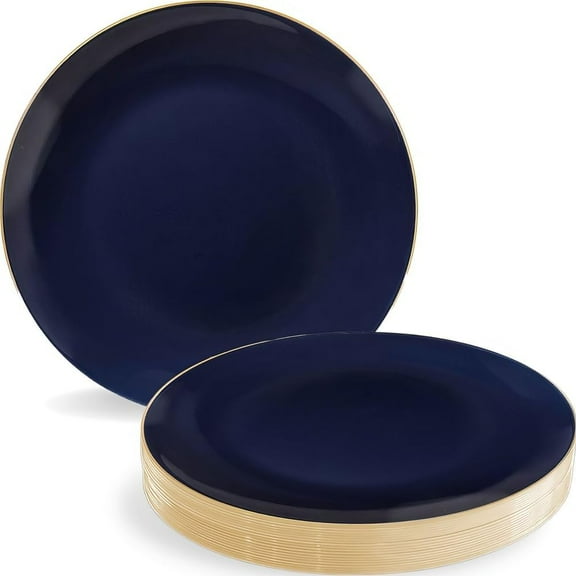 Navy Blue Round Organic Plastic Salad AFN1Plates With Gold Rim Design (7.5") - Pack Of 10 - Disposable & Elegant, Perfect for Parties, Weddings & Special Events