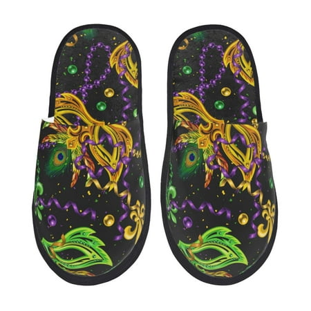 Balery Mardi Gras Surface Slient Indoor Furry Fleece Comfort House Shoes Soft Non-Slip Home Shoes Cotton slippers House Slippers-- Large