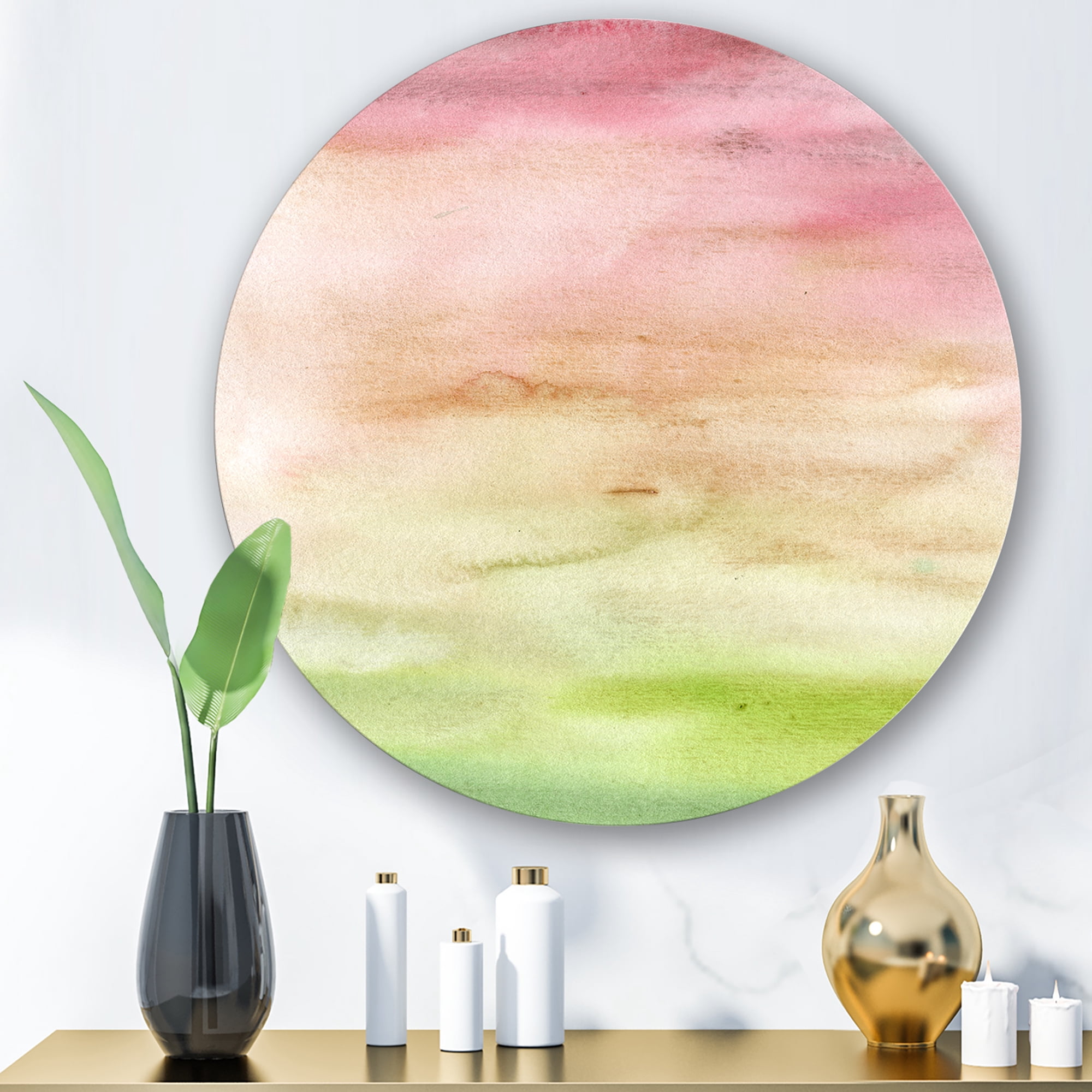 Designart 'Abstract Sunset With Pink Green and Beige' Modern Circle Metal Wall Art 11x11 - Disc of 11