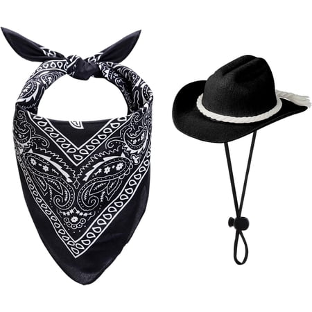 Dog Cowboy Hat Dog Cowboy Costume for Small Pet Dogs Cat Cowboy Hat with Bandana Scarf Set Party Accessories (Black Medium)