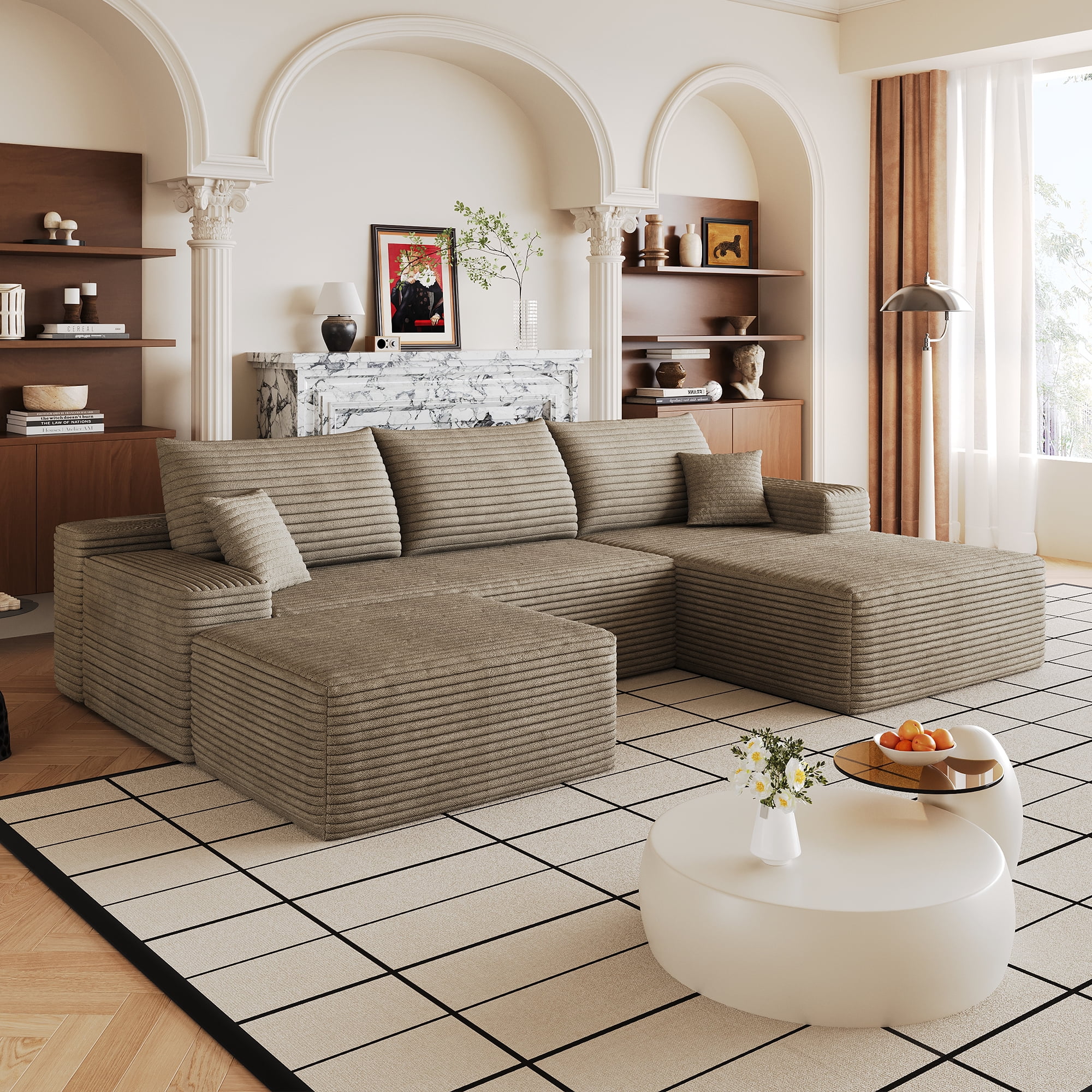 Cloud Sectional Sofa 107 Inch, U-Shaped Modular Couch with Ottoman and Corduroy Fabric, Deep Seat Corner Sofa for Living Room, No Assembly Required, Camel