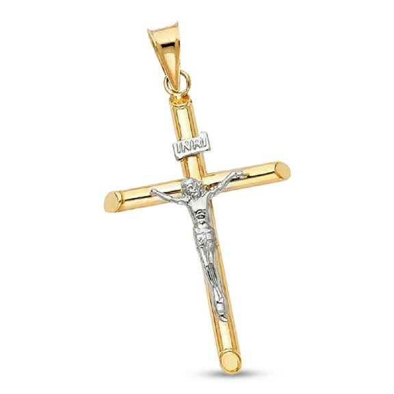 Solid 14k Gold Two Tone Crucifix Charm Jesus Cross Pendant Christ INRI Religious Jewelry 43mm x 20mm