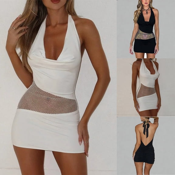 Women Summer Dresses Women Neck Sleeveless Mesh Panel Bodycon Back Party V-Neck Knee-High Dress White L