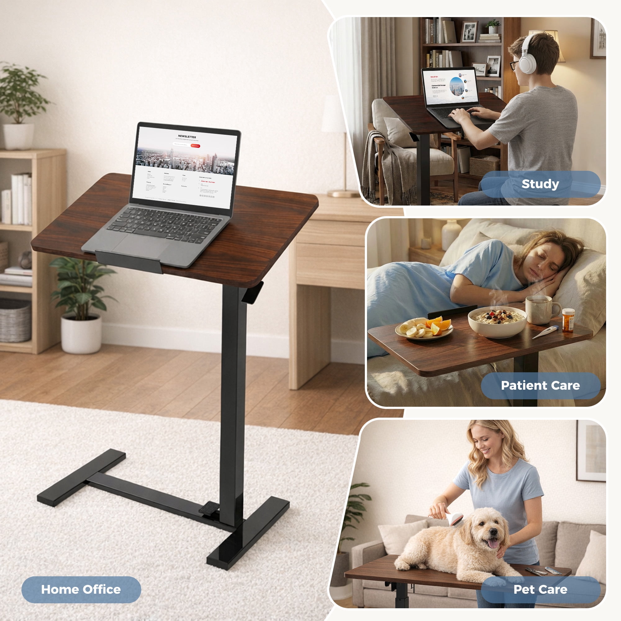 EDX Adjustable Overbed Table with Wheels, Rolling Laptop Bed Desk for Home Hospital Use, Height & Tilt Adjustable Mobile Table for Eating, Working, Reading， Brown