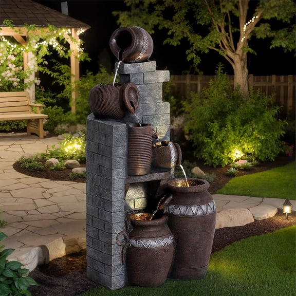 MAGIC UNION Outdoor Water Fountain Cascading Bowls and Stacked Stones LED 6 Tiers Modern Waterfall Fountain for for Gardens, Landscaping, Patios, Balconies, and Lawns (Gray)