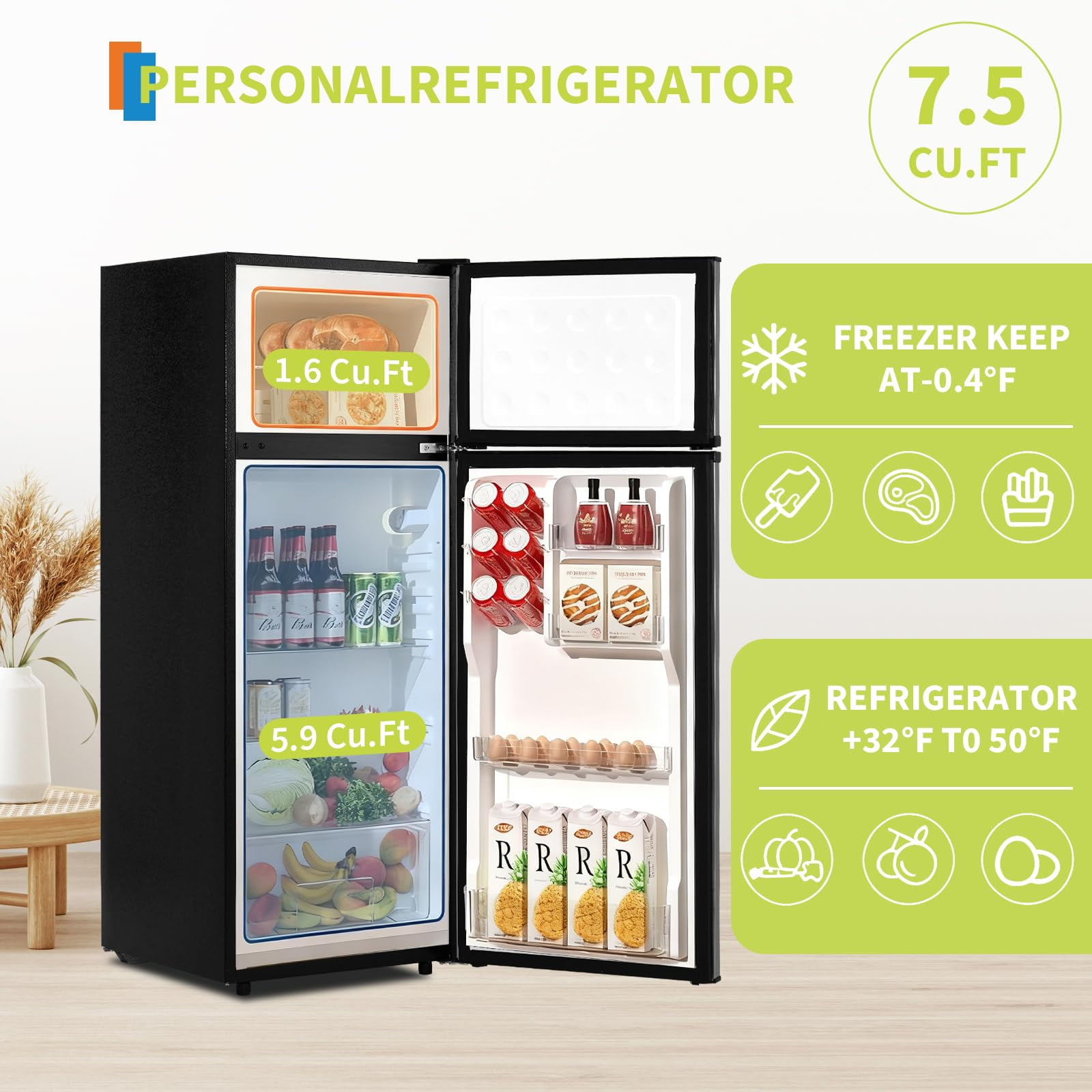Energy-Efficient Compact Refrigerator with Freezer – Mini Fridge – Quiet Operation, Adjustable Thermostat, Removable Shelf, Reversible Door – Perfect for Dorm, Office, Bedroom (3.2/4.5/7.5 Cu.Ft)