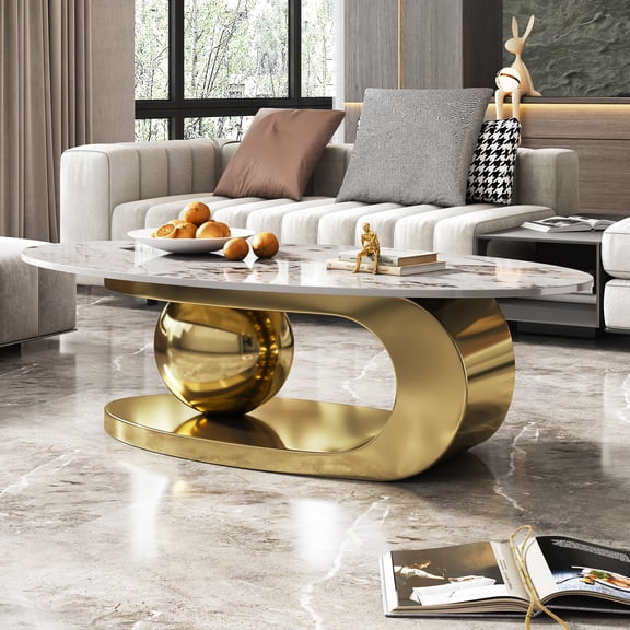 51-Inch Oval Faux Marble Coffee Table with Gold Stainless Steel Base - Stylish Centerpiece for Living Room（Gold)