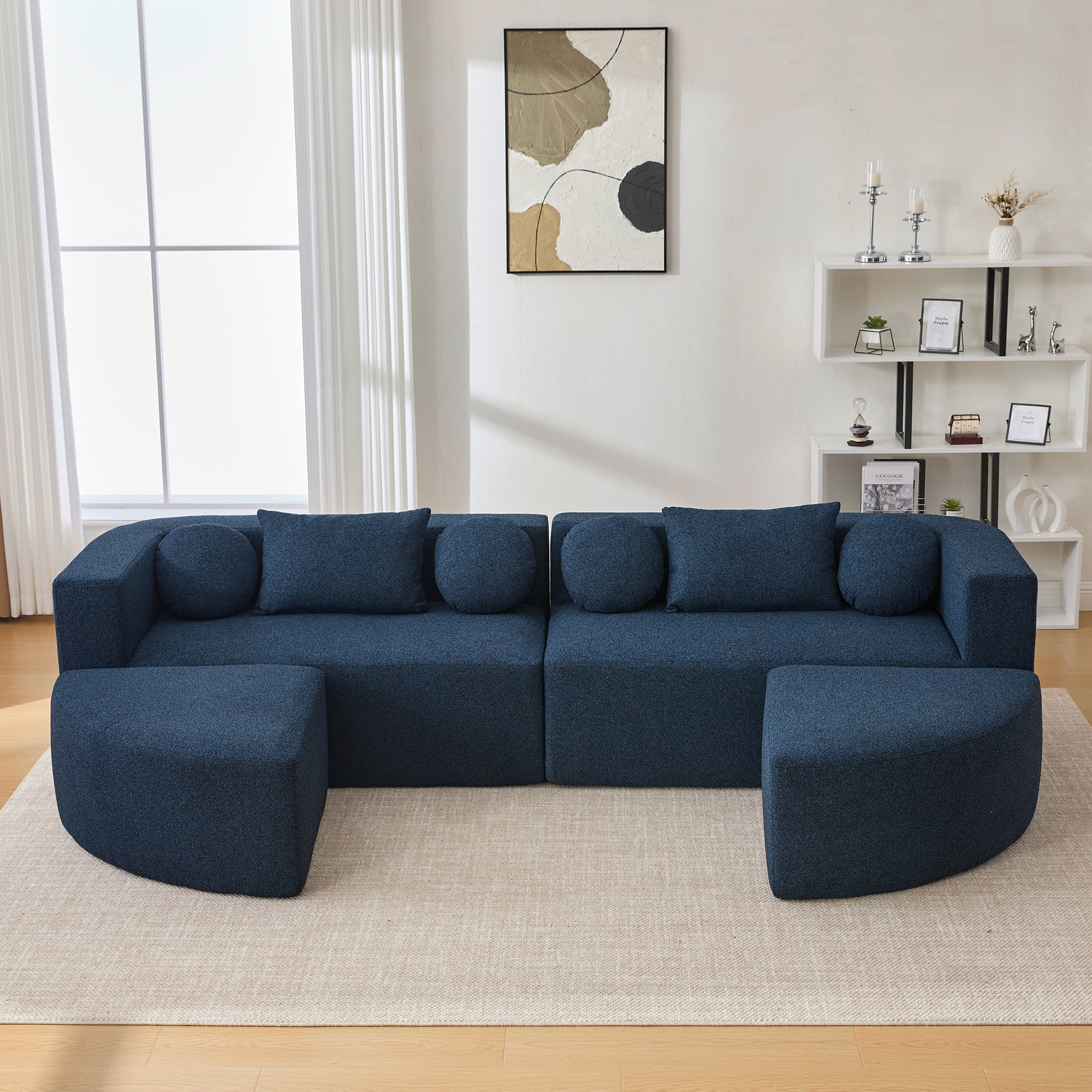 Euroco Boneless Couch Modular Sectional Sofa 114.9" Free-combined Sofa Couch Sofa Bed Compression Sofa with Deep Seating and Curved Design for Living Room, Blue