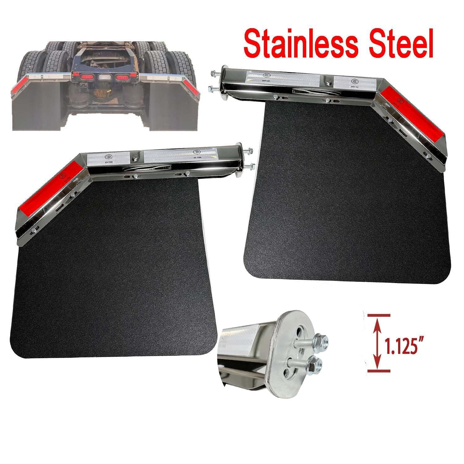 Pair Angled Spring Loaded Mud Flap Hanger Bracket with Angled Splash Guard Mudflap 24"x30" for Semi Truck Trailer, 1-1/8'' 1.125'' Bolt Stainless Steel