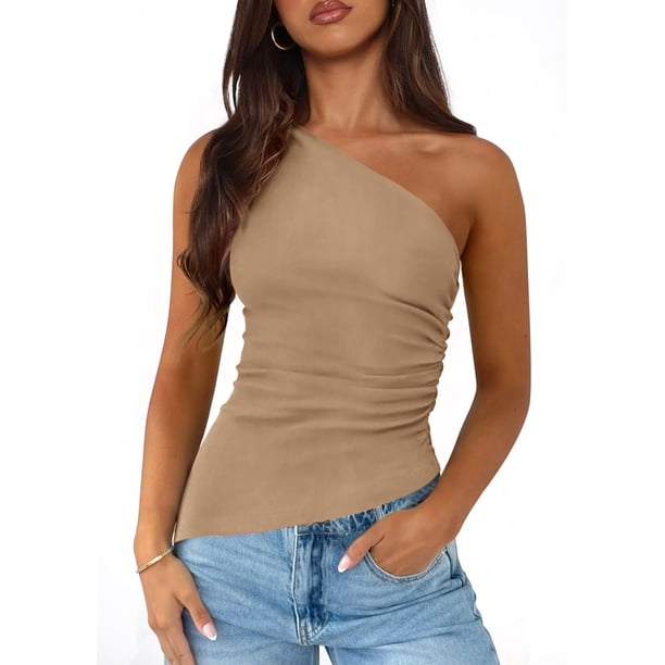 PRETTYGARDEN Top Mujer Ajustado con Un Hombro y Fruncido Verde Caqui Talle S