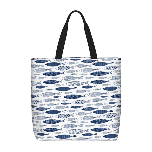 Fotbe Blue Fish Bolsa Tote con Estampado para Mujer, Bolsos con Cremallera, Bolsa de Hombro Casual de Gran Capacidad con Bolsillos Internos